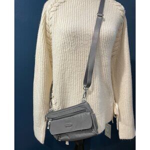 Bagallini Small Grey Crossbody Purse Bag With Leopard Print